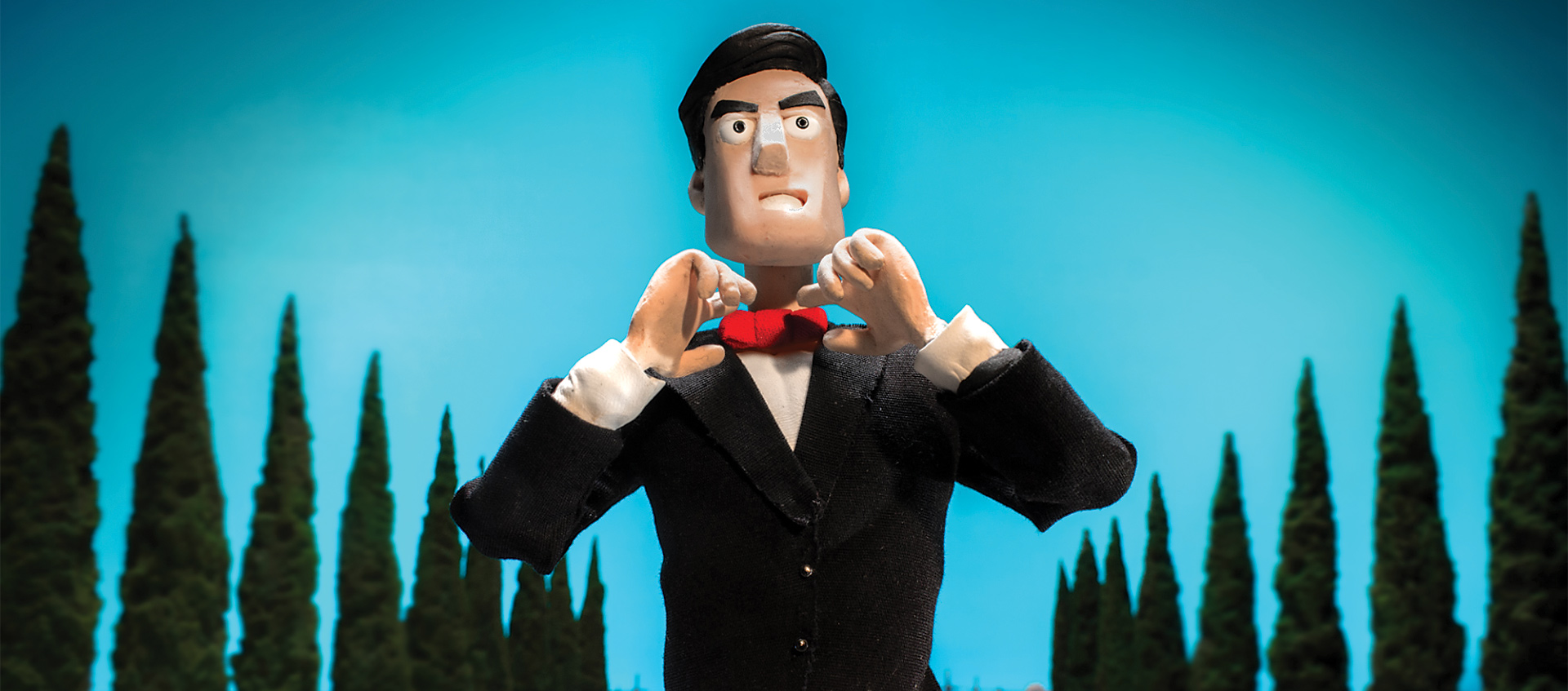 a cartoon of a man in a tuxedo, adjusting his red bow tie
