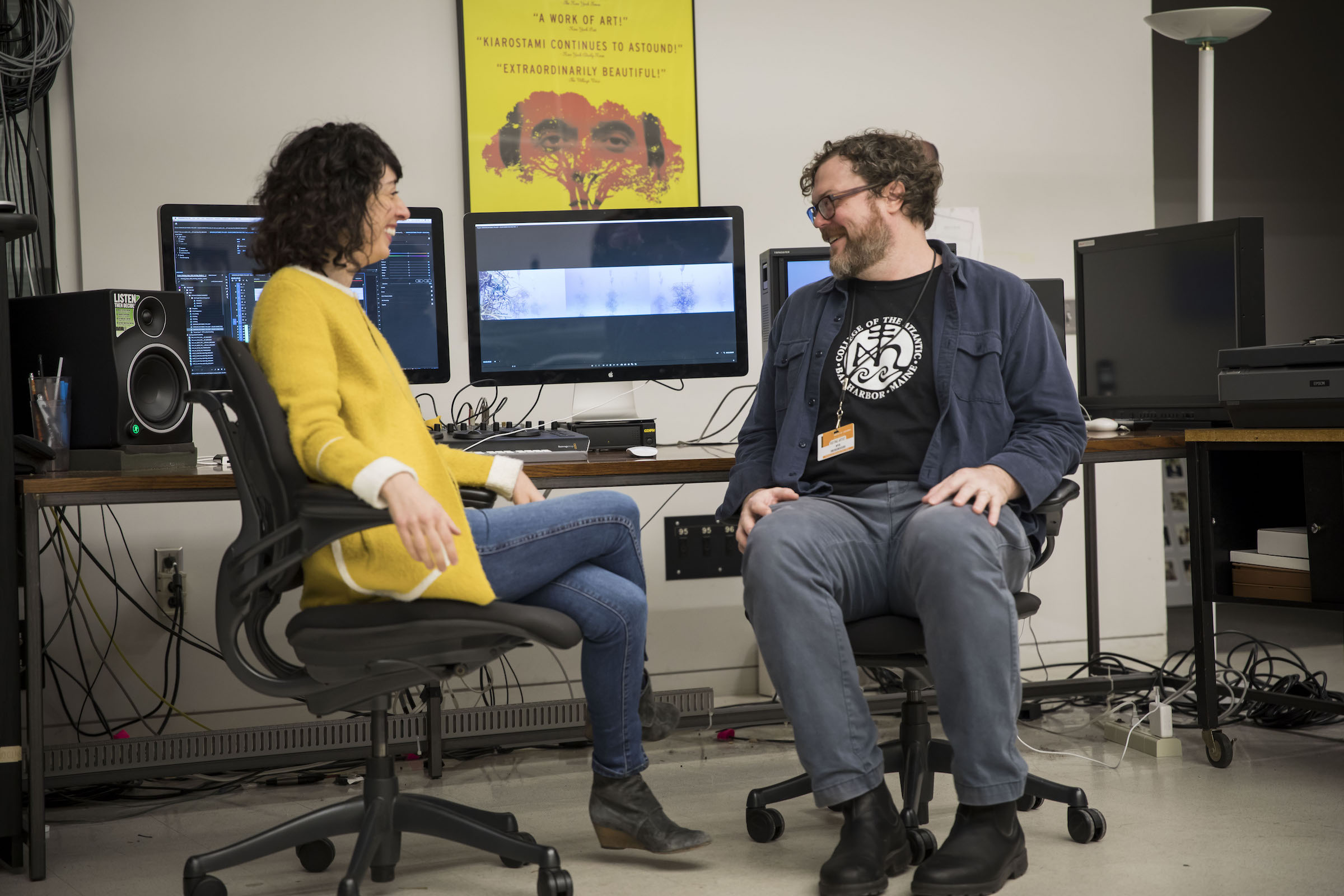 Artist and filmmaker Hope Ginsburg works with collaborator Joshua Quarles on her latest video project, "Swirling," in an editing suite at the Wexner Center for the Arts Film/Video Studio in October 2018