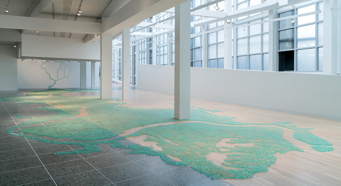 An image of Maya Lin's installation "How Does a River Overflows Its Banks," created for the fall 2019 exhibition HERE: Ann Hamilton, Jenny Holzer, Maya Lin, at the Wexner Center for the Arts at The Ohio State University