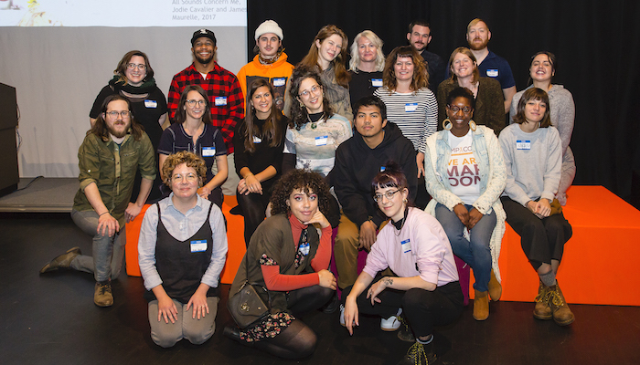 Representatives of current and past DIY artist spaces in Ohio pose together for a photo during the public event hear here: artist-run spaces and collectives in Ohio November 16, 2019 at the Wexner Center for the Arts 