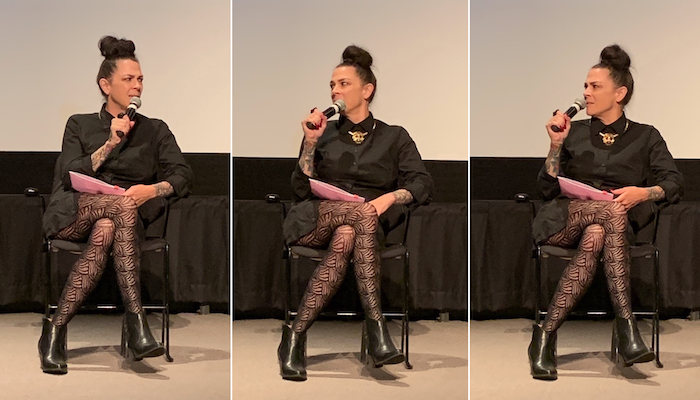 Three side-by-side vertical images of filmmaker Jennifer Reeder sitting in a chair on the stage of the Film/Video Theater at the Wexner Center for the Arts on September 13, 2019. Photos: Melissa Starker