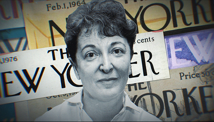 headshot of  Pauline Kael superimposed on the New Yorker magazine covers