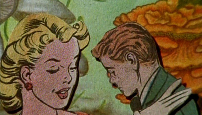 Female and male vintage comic book characters in a scene from collage animator Lewis Klahr's film Pony Glass