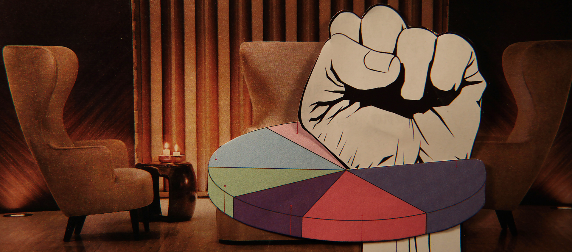 A paper fist punches through a pie chart with a vintage lounge setting as the background.