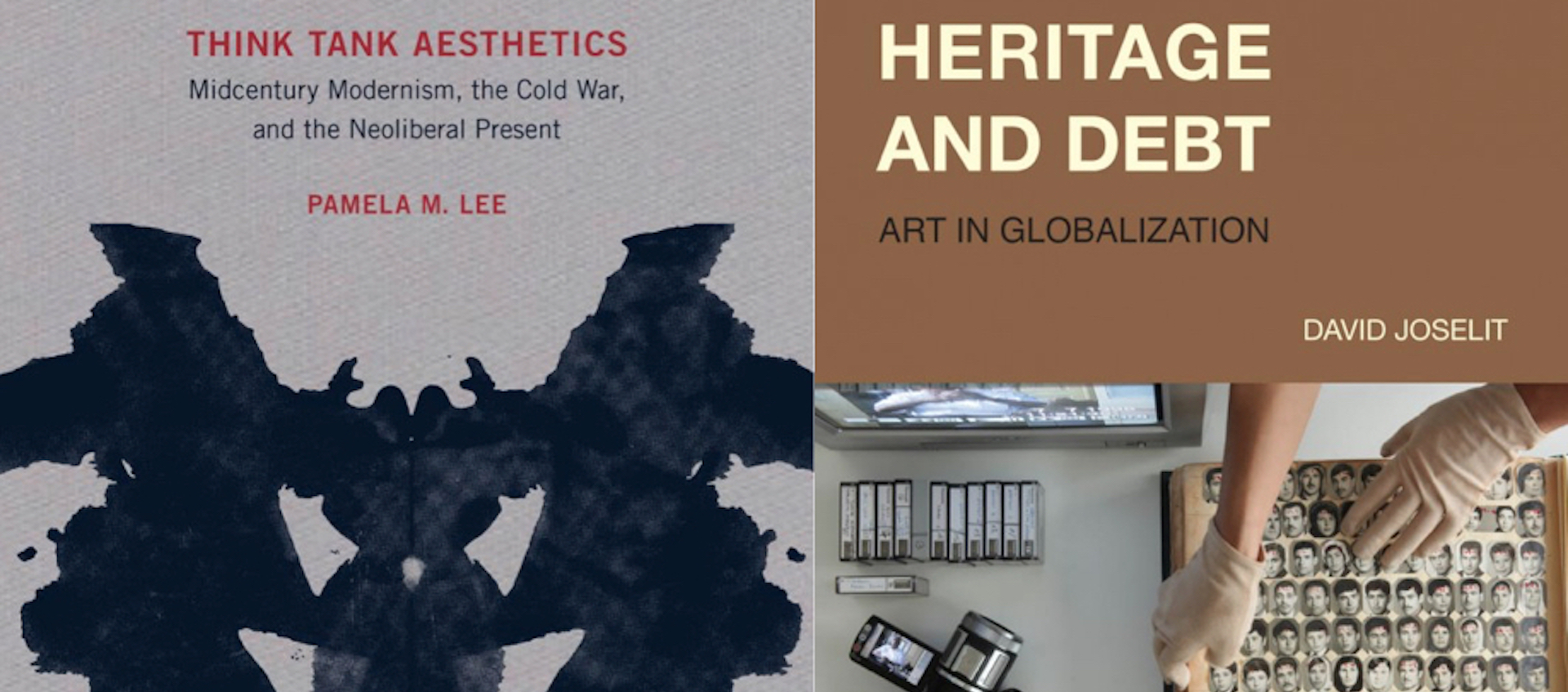 Book covers for Think Tank Aesthetics by Pamela M. Lee and Heritage and Debt by David Joselit