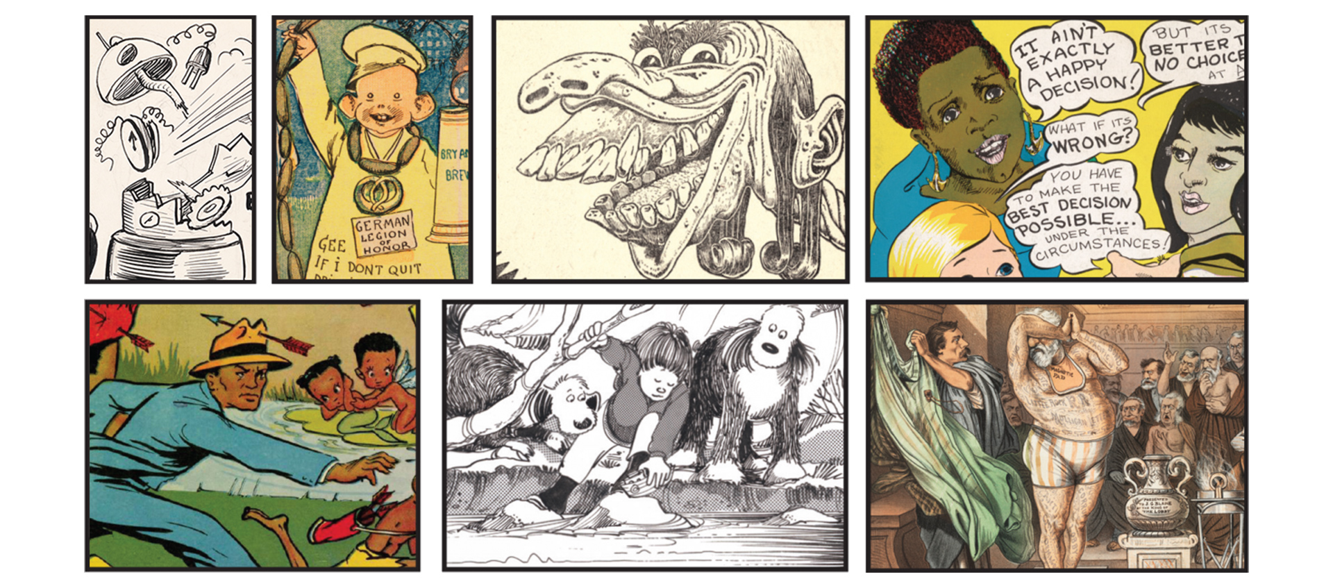 Cartoon panels from the Billy Ireland Cartoon Library and Museum's virtual exhibition.