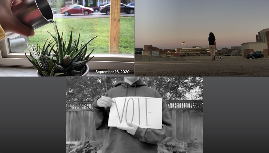 Three stills from films are side by side; the first shows a hand pouring water over a plant, the second shows a person standing in front of a dusk sky, the third shows a person holding a sign that says VOTE.