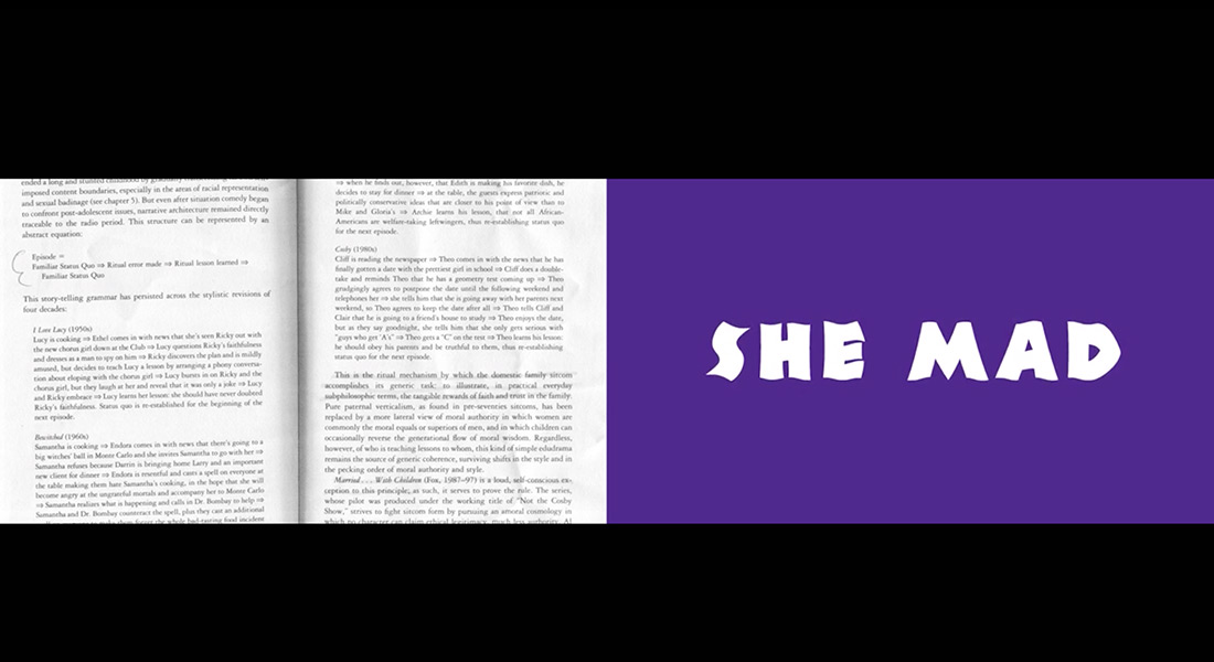 A split screen image with a close-up of an open book on the left and the words "She Mad" over a purple background on the right
