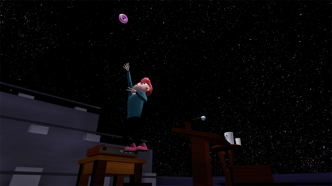 In a computer-animated still a person with red hair, purple boots, and a blue shirt reaches for a purple donut while in mid air