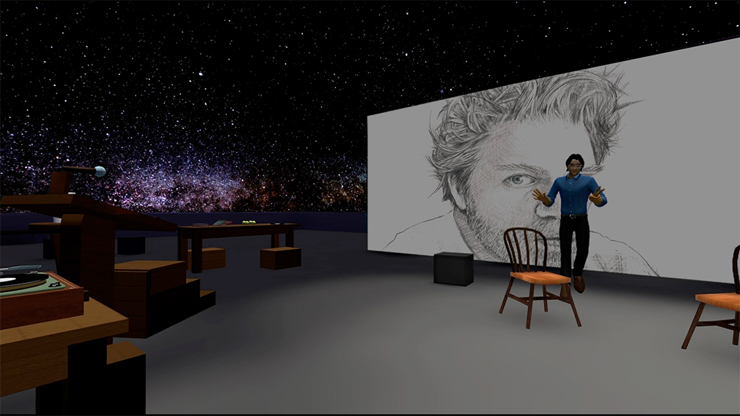 In a computer-animated still a person in a blue shirt seems to speak on a virtual stage with chairs and desks and a turntable; a realistic black and white drawing of a man appears on a screen behind the speaker in the background
