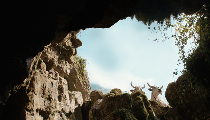 Two white, horned mountain goats peering over moss-covered rock at the opening of a cave. There is foliage hanging down from the top of the cave on the right, and the background is a bright blue sky with a rocky mountain on the left.
