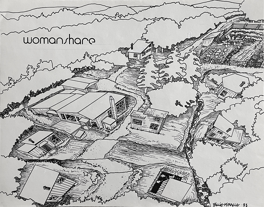 Black-and-white line drawing, viewed from above, of wooden cabins, a garden, trees, and mountains.