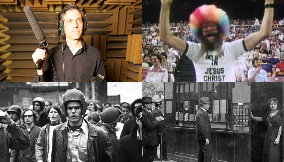 A collage of stills from several films in our Sam Green: 25 Years in Film series