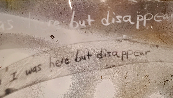 The words “I was here but disappear” written twice against a grainy, scratched background of brown shades. 