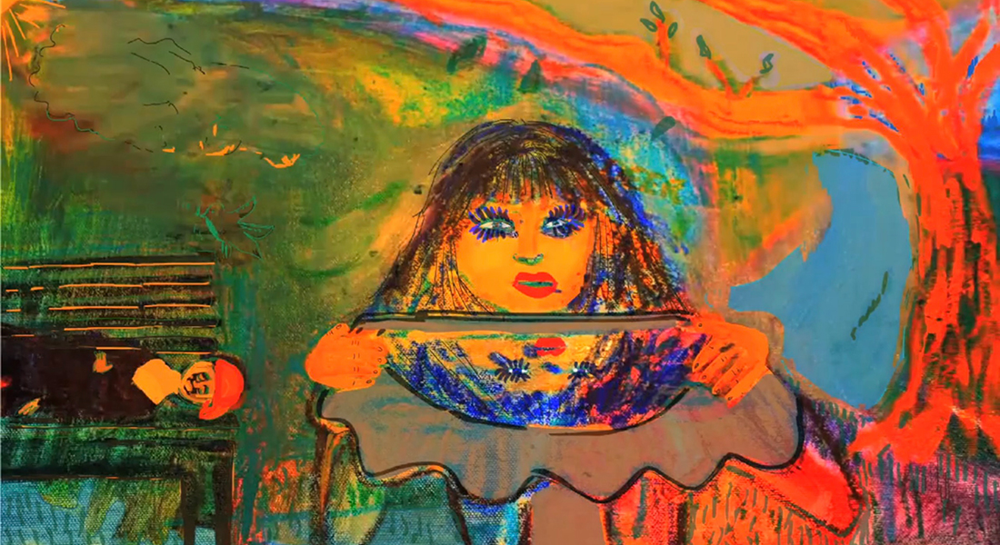 A still from an animated film featuring an image of a woman holding a bowl and behind her a person lays on a park bench