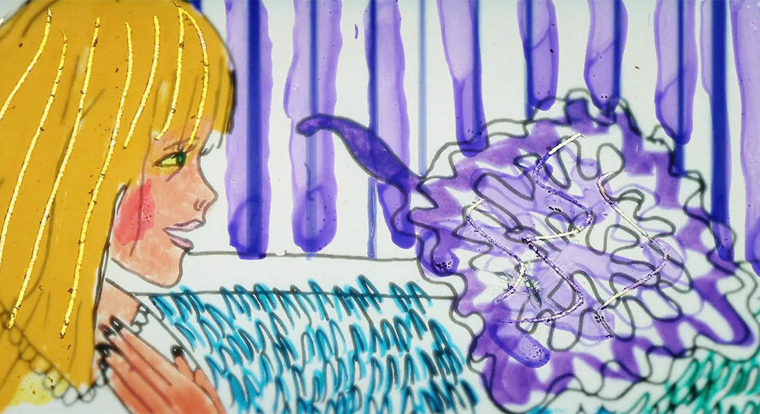 A still from an animated film. An image of a woman with blond hair in profile. She's blushing and holds her hand to her neck. She is looking at an abstract image of a purple series of lines and squiggles.