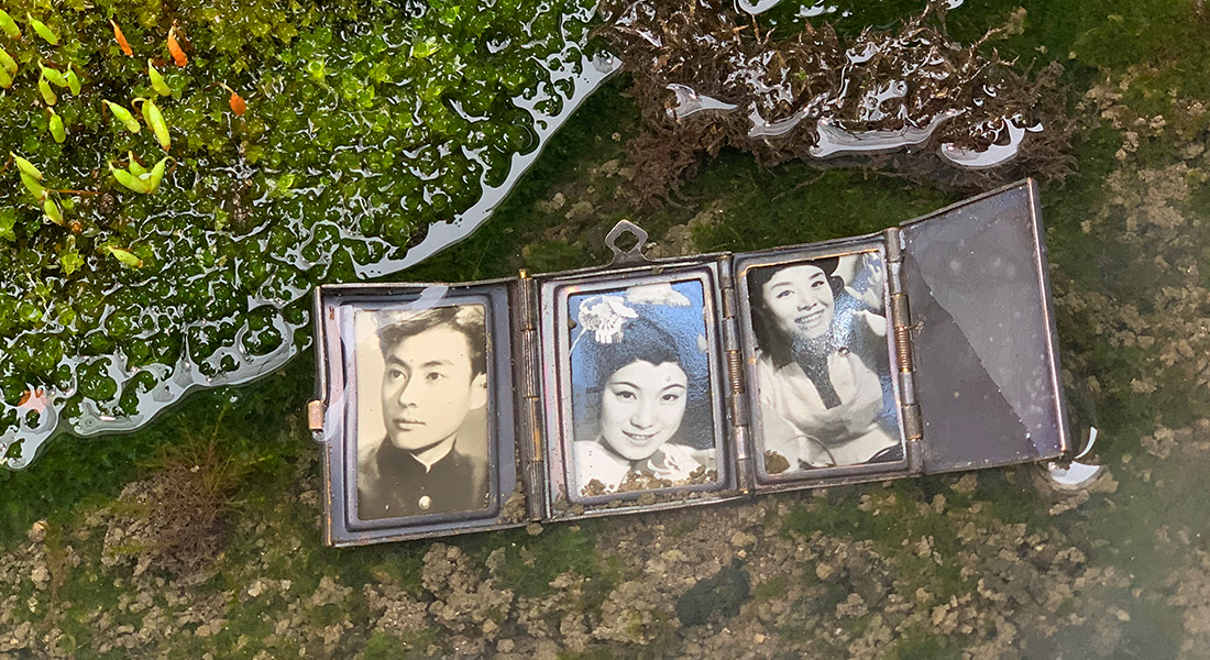 A locket containing three frames featuring black-and-white headshot photos of three individuals. It lies in shallow water filled with green moss and plants.