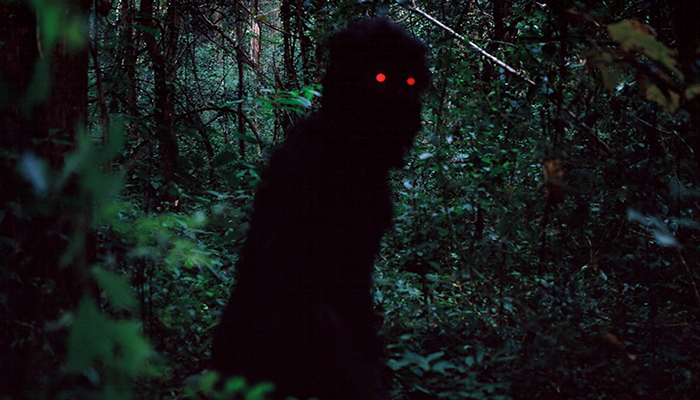 A mysterious shadowy figure with bright red eyes looks out at the viewer from within a dense, dark jungle.