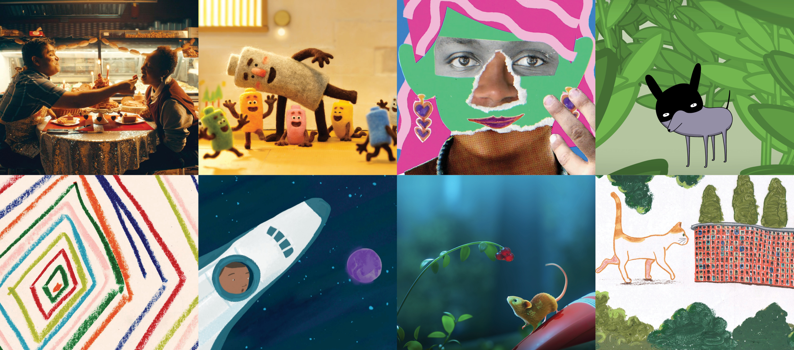 Collage of eight colorful film stills from the Kids Flix Mix program